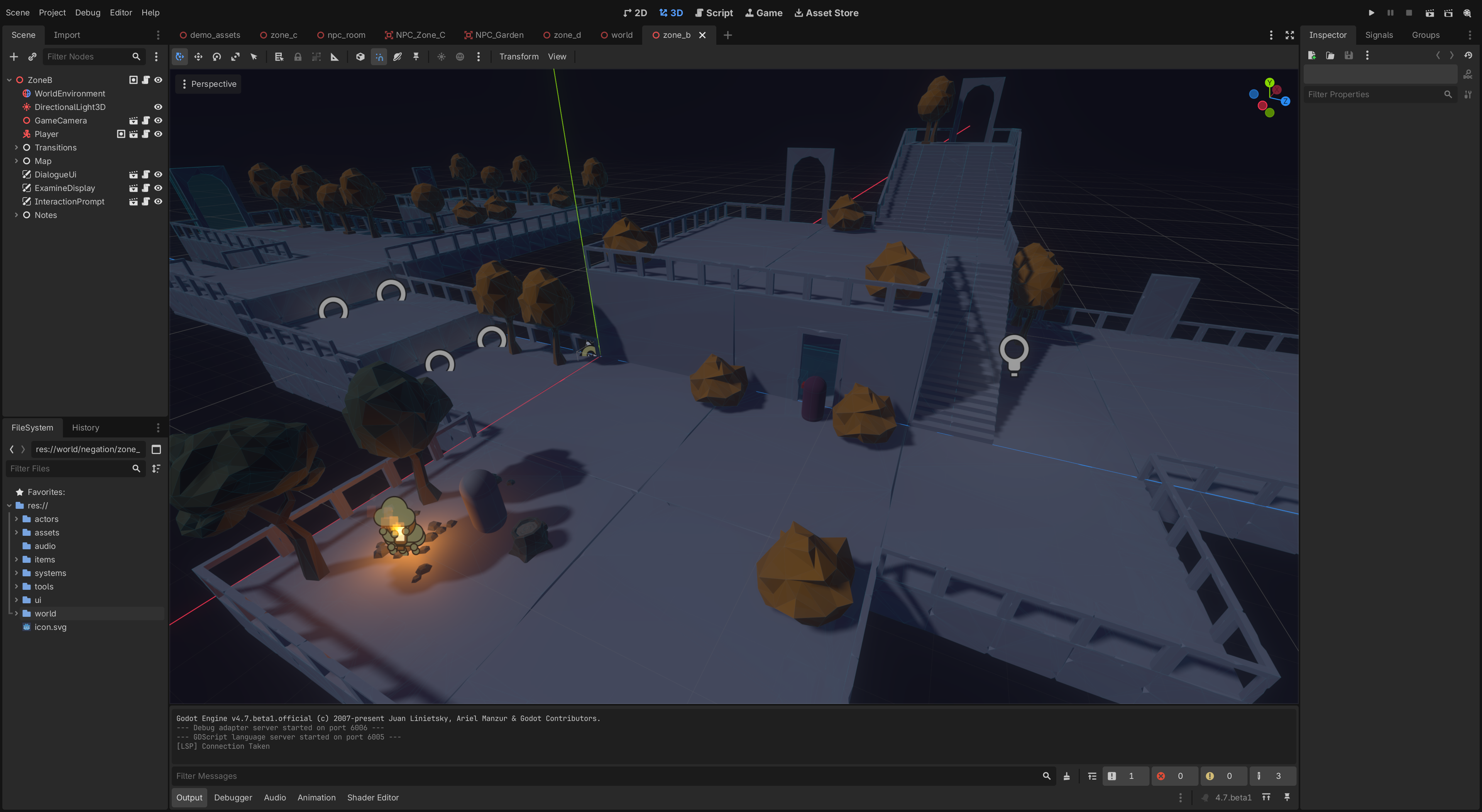 Editor da Godot Engine com blockout da primeira área do jogo